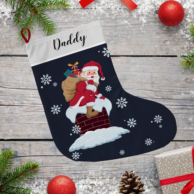 Calcetín Navideño Grande Santa en el techo Personalizado Chimney Top la fam (Santa on Roof Top Chimney Custom Family Snowflakes Large Christmas Stocking)