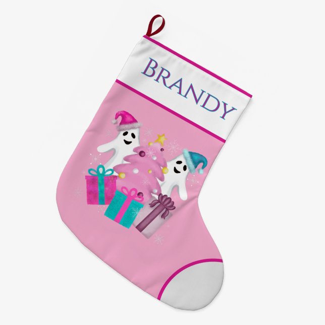 Calcetín Navideño Grande Santa Hat Ghosts Christmas Tree spooky  (Frente (Colgado))