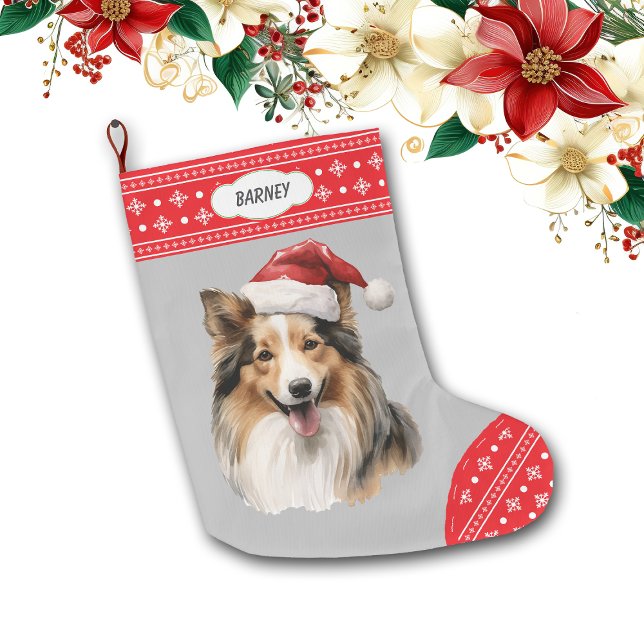 Calcetín Navideño Grande Santa Hat Shetland Sheepdog Snowflake Border (Subido por el creador)