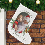 Calcetín Navideño Grande Santa I Love You Holly Pine Lozenge Shape Photo<br><div class="desc">Navidades divertidos Fotografías cargadas con fotos de personalizados y mensajes personalizados a Santa, o puedes añadir tu nombre en su lugar. La foto se muestra en formato retrato 16:9 y la plantilla de la foto se mostrará automáticamente en forma de lozenge redondeado en forma de píldora. Por favor, navegue por...</div>