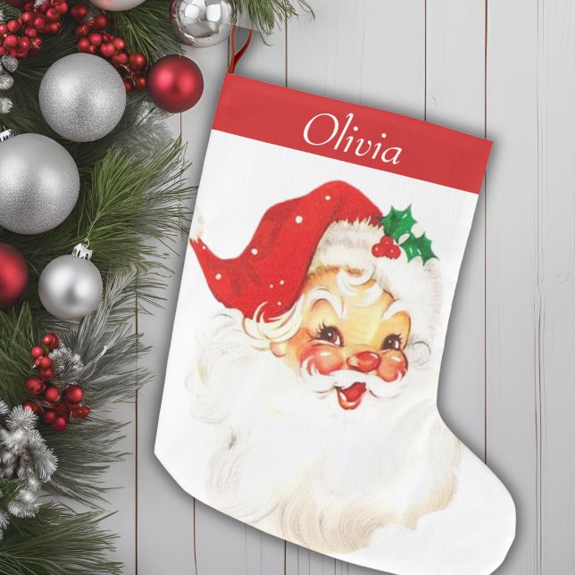 Calcetín Navideño Grande Santa personalizada de cosecha de mediados de sigl (Cute Mid Century Vintage Santa Personalized Large Christmas Stocking)