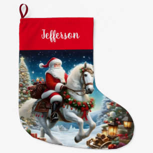 Calcetín Navideño Grande Santa Rides monta un caballo blanco