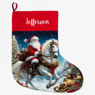 Calcetín Navideño Grande Santa Rides monta un caballo blanco