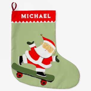 Calcetín Navideño Grande Santa Skateboarding Patinador