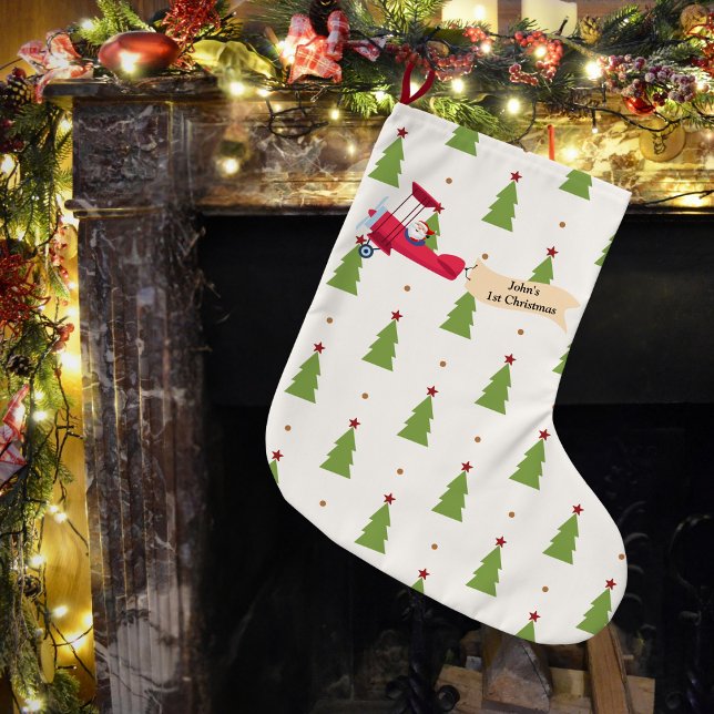Calcetín Navideño Grande Santa y avión, primera Navidad, personalizada (Subido por el creador)