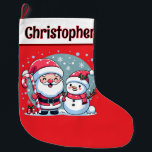 Calcetín Navideño Grande Santa Y Snowman Cuidados, Rojo Y Blanco<br><div class="desc">Navidades rojos y blancos cortos. En una banda blanca situada en la parte superior del stock hay una plantilla de texto negro en la parte delantera para agregar un nombre y una plantilla en la parte posterior para agregar el mensaje de sus Navidades. En la parte delantera hay un bonito...</div>