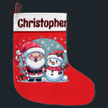 Calcetín Navideño Grande Santa Y Snowman Cuidados, Rojo Y Blanco<br><div class="desc">Navidades rojos y blancos cortos. En una banda blanca situada en la parte superior del stock hay una plantilla de texto negro en la parte delantera para agregar un nombre y una plantilla en la parte posterior para agregar el mensaje de sus Navidades. En la parte delantera hay un bonito...</div>