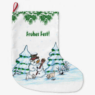 Calcetín Navideño Grande Schneemann mit Katze und Hundewelpe auf Deutsch