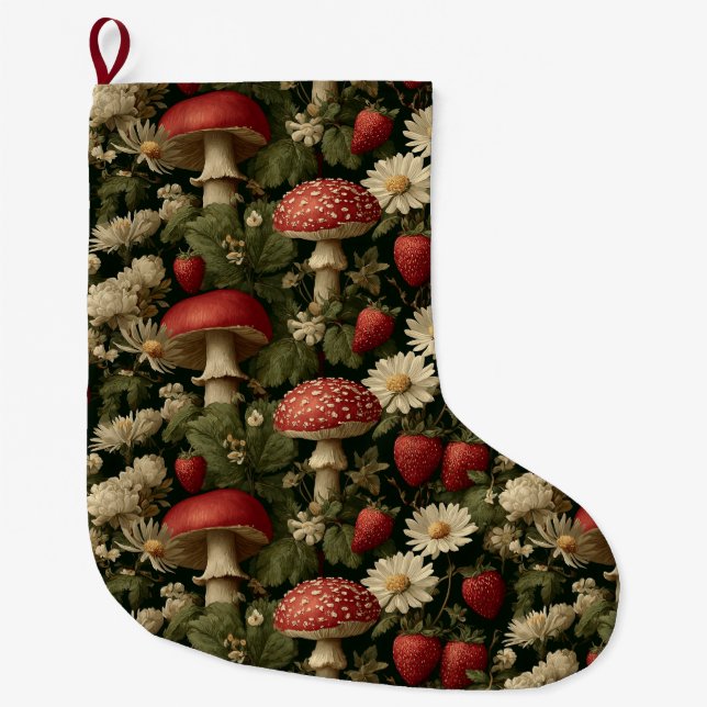 Calcetín Navideño Grande Seamless Pattern with Red Fly Agaric and Flowers (Anverso)