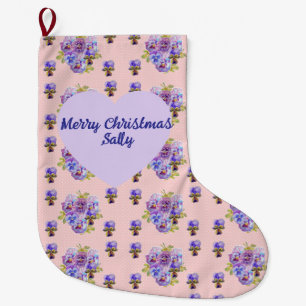 Calcetín Navideño Grande Shabby Chic Floral Lunares Navideños Nombre de Muj