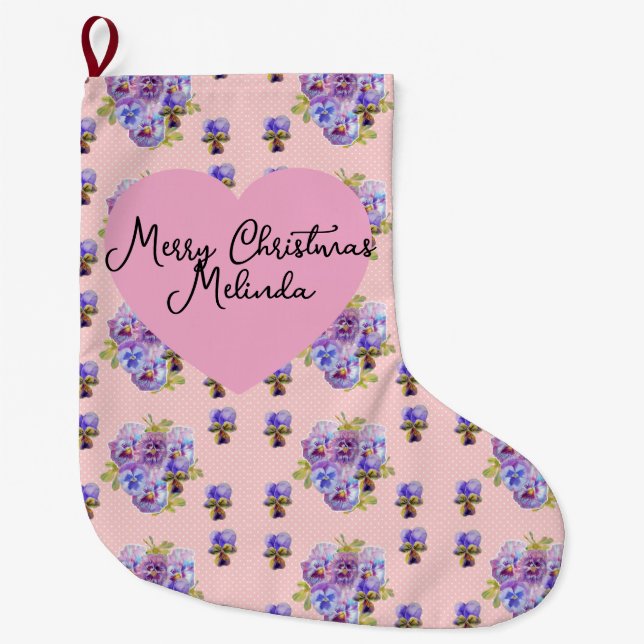 Calcetín Navideño Grande Shabby Floral Pastel Blue Christmas Girls Name (Anverso)