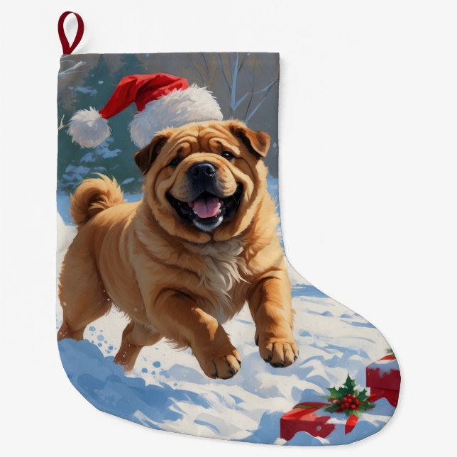 Calcetín Navideño Grande Shar Pei en Nieve con Gorra Navidad (Anverso)