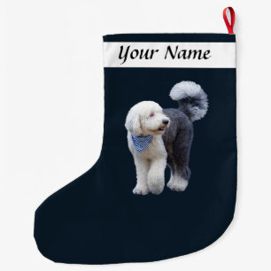 Calcetín Navideño Grande Sheepadoodle con bufanda azul a cuadros