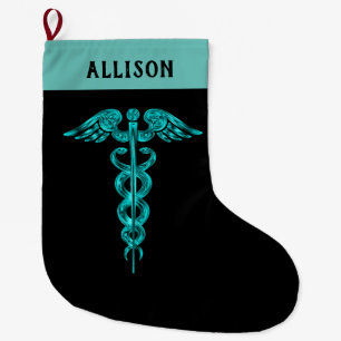 Calcetín Navideño Grande Símbolo Caduceus Médica de enfermería Turquesa