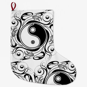 Calcetín Navideño Grande Símbolo de Yin y Yang en estilo de tatuaje en blan