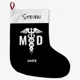 Calcetín Navideño Grande Símbolo del Médica MD Caduceus personalizado bla