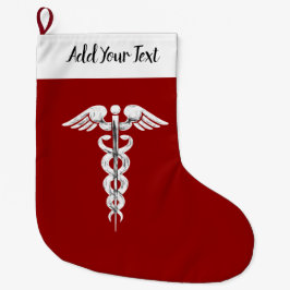 Calcetín Navideño Grande Símbolo médico de enfermera Caduceus rojo blanco