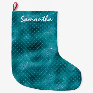 Calcetín Navideño Grande Sirena de espuma verde azulada personalizada