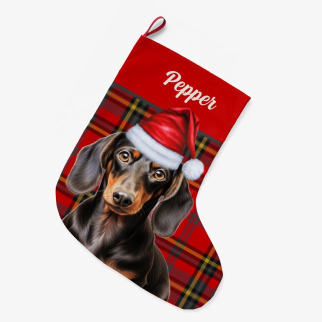 Calcetín Navideño Grande Smooth Dachshund Dog Holiday Plaid Personalized (Frente (Colgado))