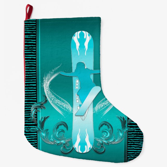 Calcetín Navideño Grande Snowboard, Snowboarder con los elementos florales (Anverso)