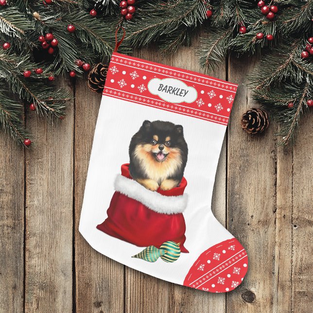 Calcetín Navideño Grande Snowflake Black Tan Pomeranian Gige Sorpresa (Subido por el creador)
