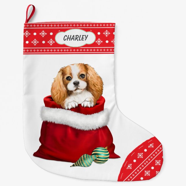 Calcetín Navideño Grande Snowflake King Charles Spaniel Gift Surprise (Anverso)