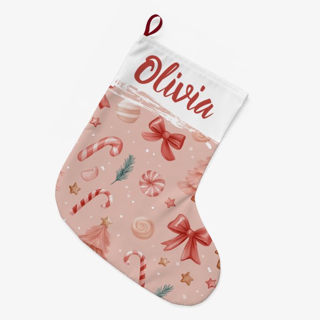 Calcetín Navideño Grande Soft Pink Festive Pattern Christmas Stocking (Frente (Colgado))