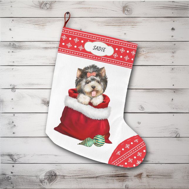 Calcetín Navideño Grande Sorpresa de regalo de Snowflake Border Yorkie (Subido por el creador)