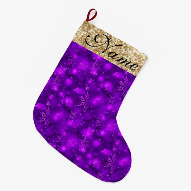Calcetín Navideño Grande Sparkly Snowflakes, Purple & Gold Purpurina - (Frente (Colgado))
