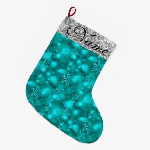Calcetín Navideño Grande Sparkly Snowflakes, Purpurina Verde azulado y plat