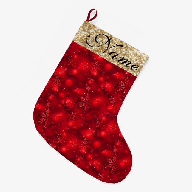 Calcetín Navideño Grande Sparkly Snowflakes, Red & Gold Purpurina - (Frente (Colgado))