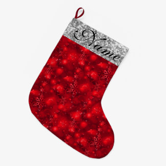 Calcetín Navideño Grande Sparkly Snowflakes, Red & Silver Purpurina -