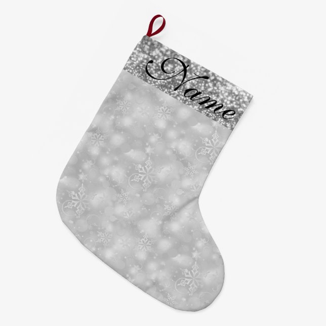 Calcetín Navideño Grande Sparkly Snowflakes, Silver y Silver Purpurina - (Frente (Colgado))