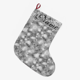 Calcetín Navideño Grande Sparkly Snowflakes, Silver y Silver Purpurina -