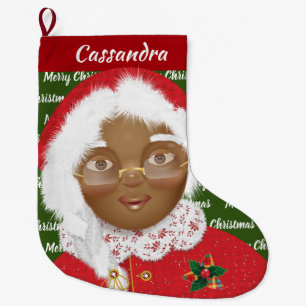 Calcetín Navideño Grande Sra. Claus afroamericana chica Navidad vacaciones