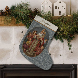 Calcetín Navideño Grande St. Nicholas Antiguo con Niños Bordado a Mano