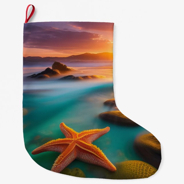 Calcetín Navideño Grande Starfish en la playa en Dawn (Anverso)
