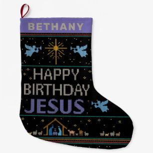 Calcetín Navideño Grande Suéter de Navidad Cristiano Feliz Cumpleaños Jesús