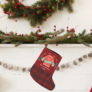 Calcetín Navideño Grande Suéter feo de cuadros rojos y negros Feliz Navidad