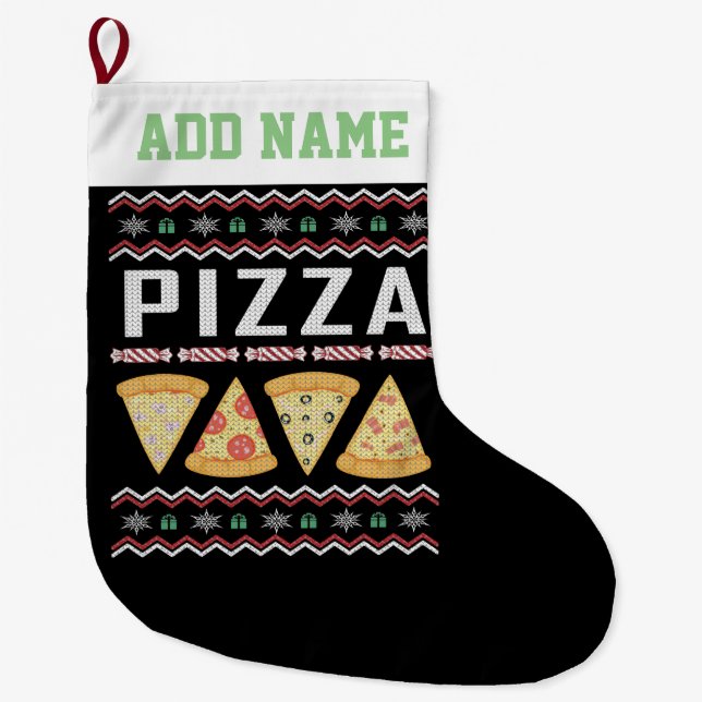 Calcetín Navideño Grande Suéter Navidad feo Pizza personalizado (Anverso)