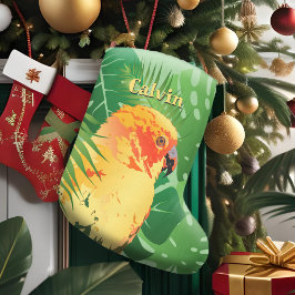 Calcetín Navideño Grande Sun Conure Parrot Pop Art Green Tropical Leyes