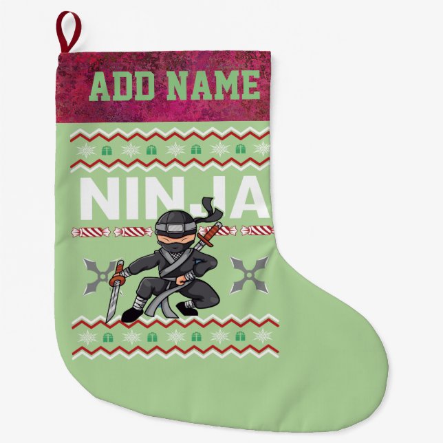 Calcetín Navideño Grande Sweater, Navidades feos de Ninja (Anverso)