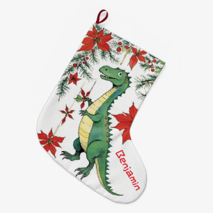 Calcetín Navideño Grande T-Rex dinosaur divertido de Navidad & Poinsettias