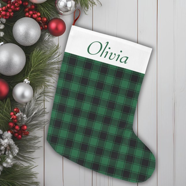 Calcetín Navideño Grande Tartán de tartán verde y negro festivo (Festive Green and Black Buffalo Tartan Plaid Large Christmas Stocking)