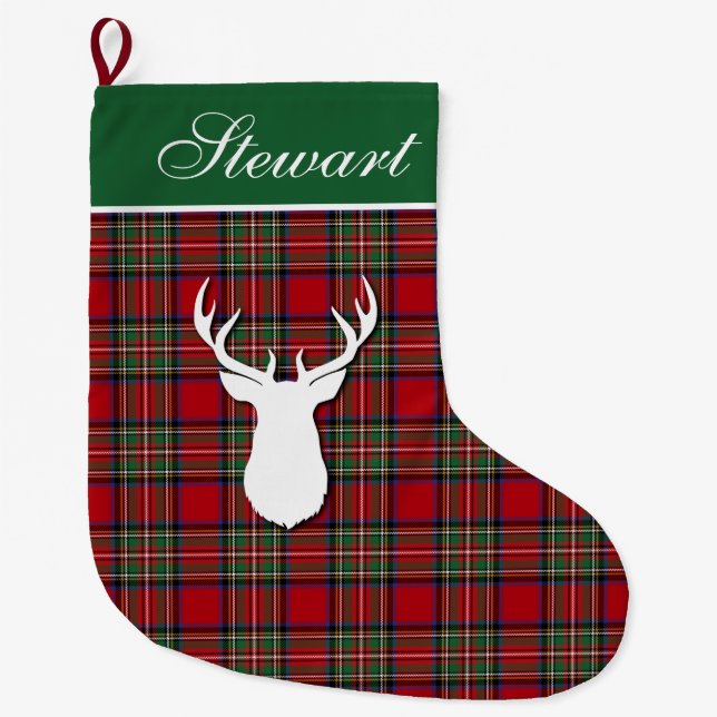 Calcetín Navideño Grande Tartan Deer Plaid Stewart personalizado (Anverso)