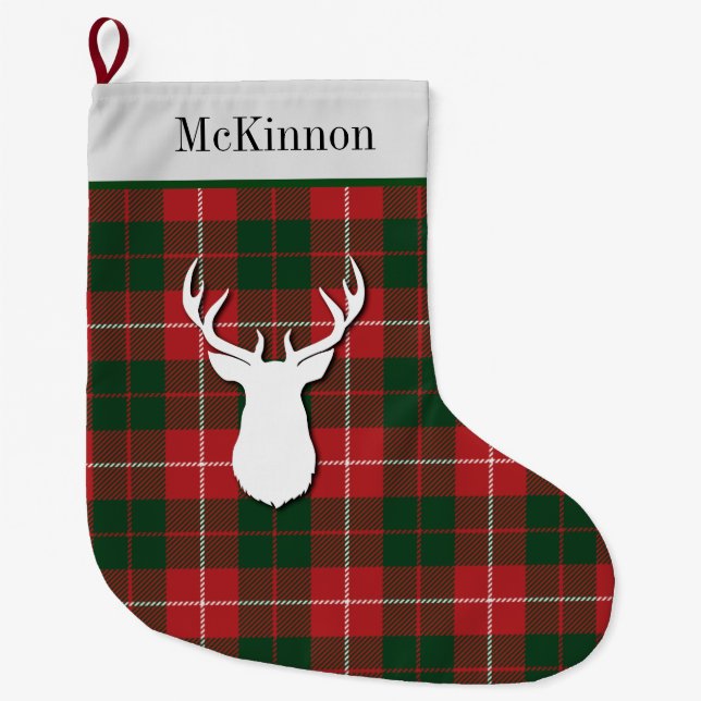 Calcetín Navideño Grande Tartán personalizado McKinnon Green Red Plaid (Anverso)