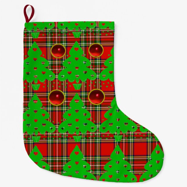 CALCETÍN NAVIDEÑO GRANDE TARTAN VERDE ROJO, ÁRBOL DE NAVIDAD CON CORAZÓN (Anverso)
