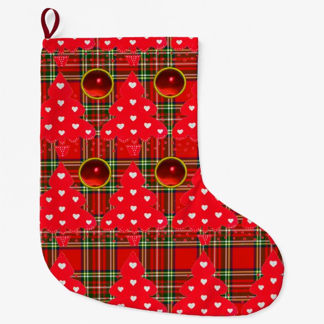 CALCETÍN NAVIDEÑO GRANDE TARTAN VERDE ROJO, ÁRBOL DE NAVIDAD CON CORAZÓN (Anverso)