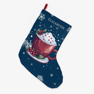 Calcetín Navideño Grande Taza de Chocolate Caliente Azul Personalizada de N