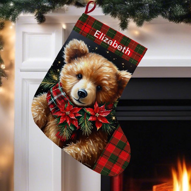 Calcetín Navideño Grande Teddy Bear Add Name Christmas Red Green (Subido por el creador)